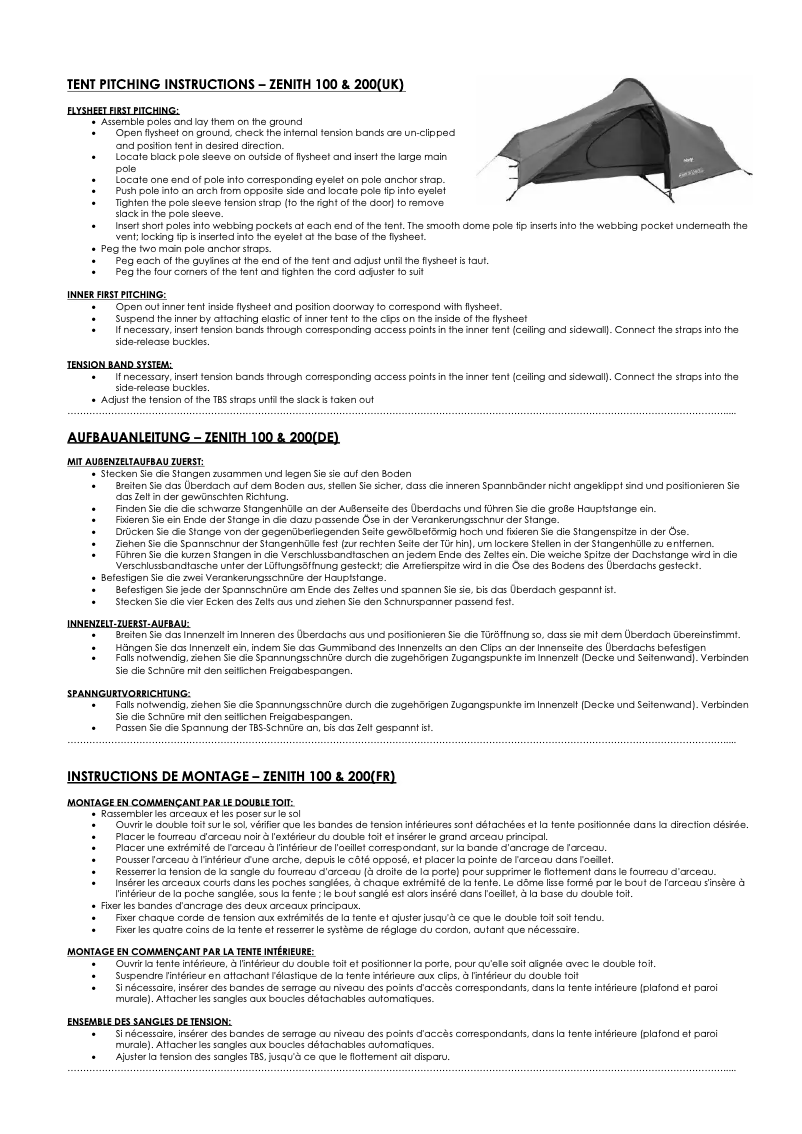 Page 1 de la notice Manuel utilisateur Vango Zenith 200