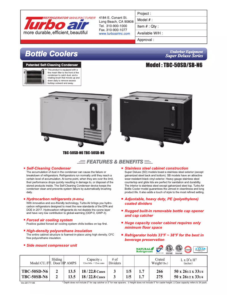 Page 1 de la notice Fiche technique Turbo air TBC-50SD