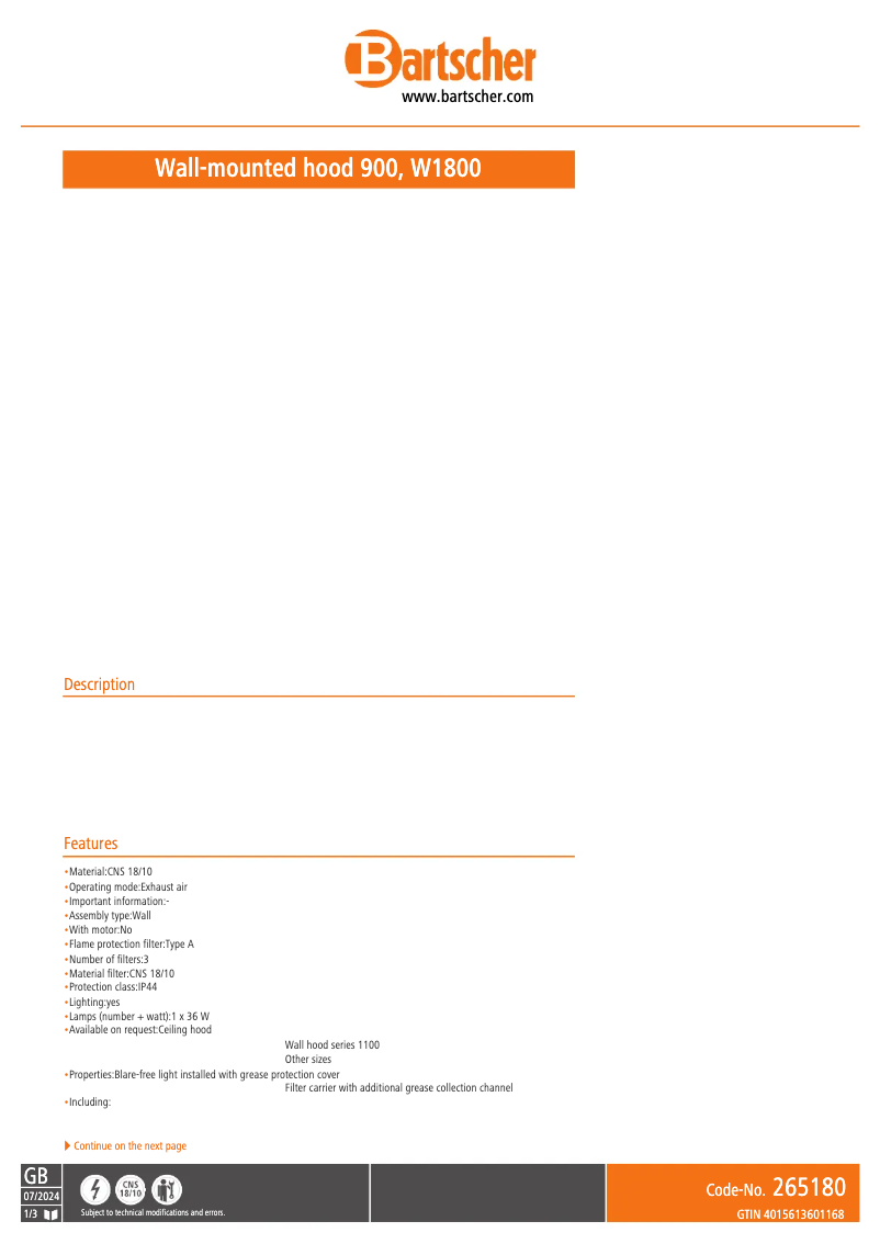 Página 1 del manual Ficha técnica Bartscher 265180