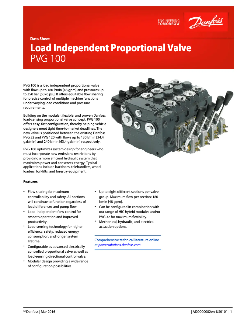 Page 1 de la notice Fiche technique Danfoss PVG 100
