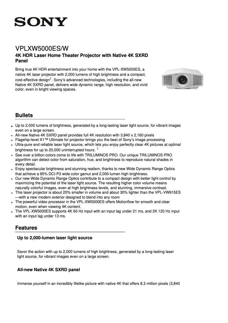 Page 1 de la notice Fiche technique Sony VPL-XW5000