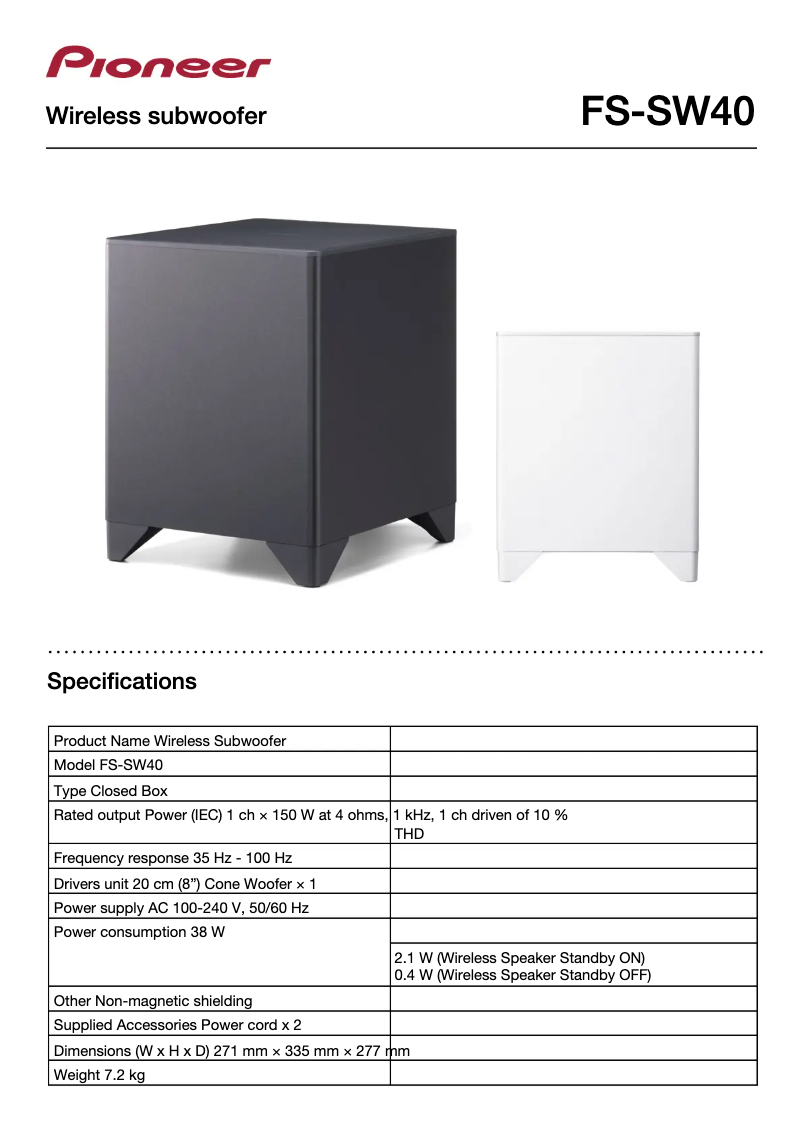 Page 1 de la notice Fiche technique Pioneer FS-SW40