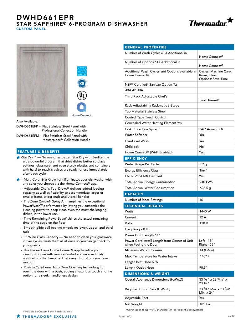 Page 1 de la notice Fiche technique Thermador DWHD661EPR