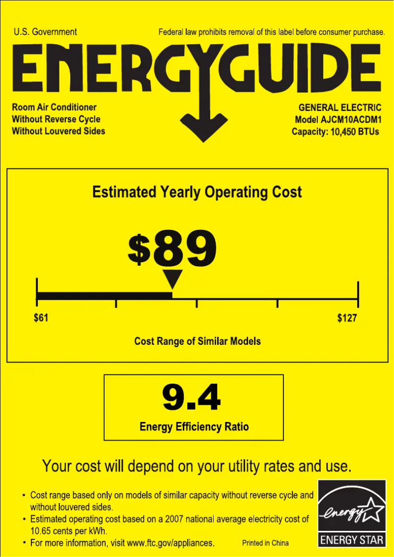 Page 1 de la notice Label énergétique GE AJCQ10ACD