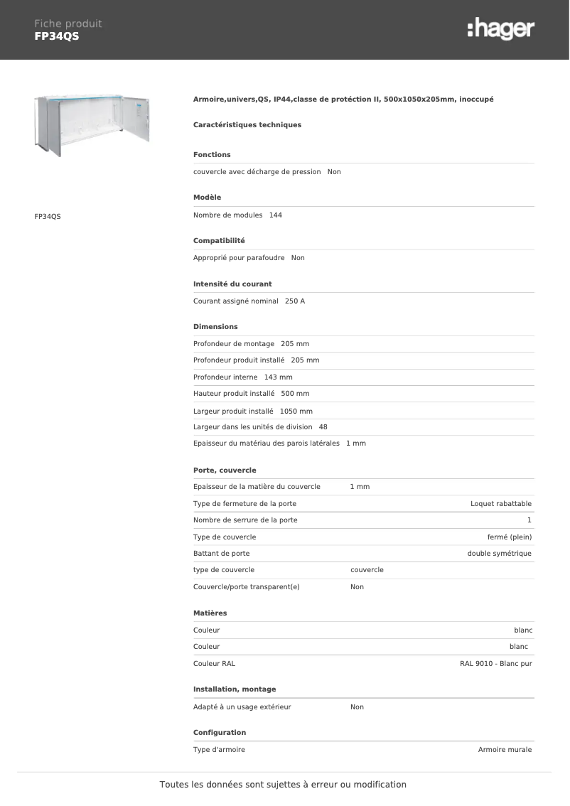 Page n°1 - Manuel utilisateur Hager FP34QS