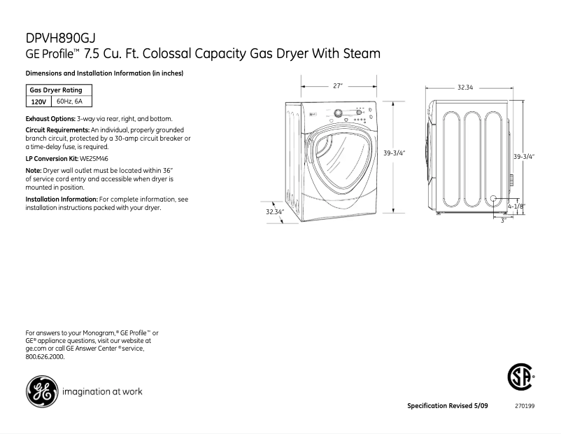 Page 1 de la notice Fiche technique GE Profile DPVH890GJMG
