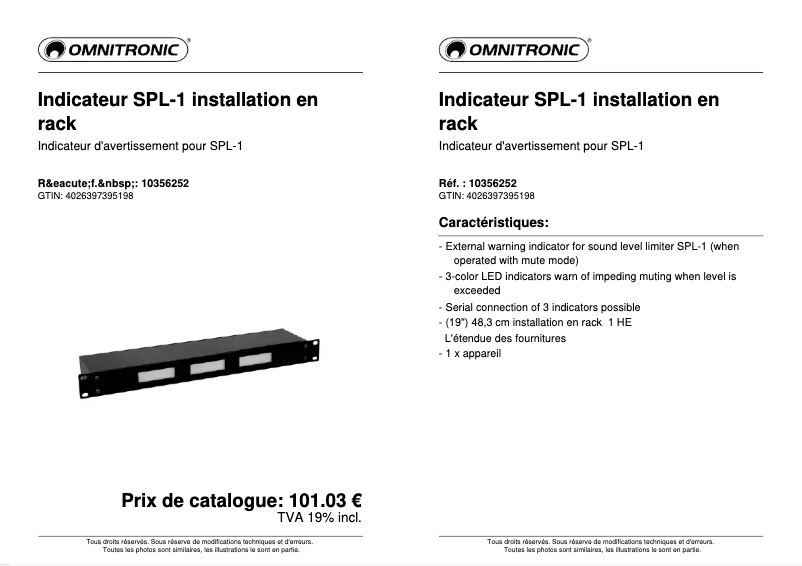 Page 1 de la notice Fiche technique Omnitronic SPL-1