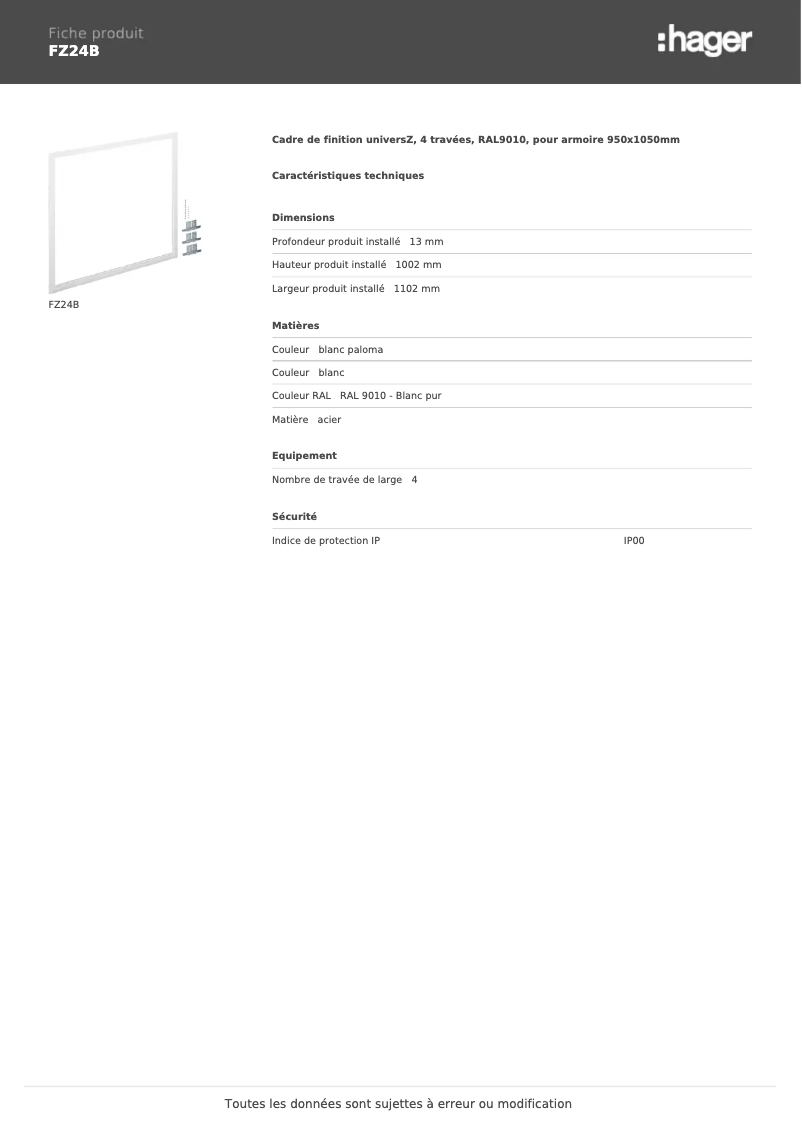 Page 1 de la notice Fiche technique Hager FZ24B