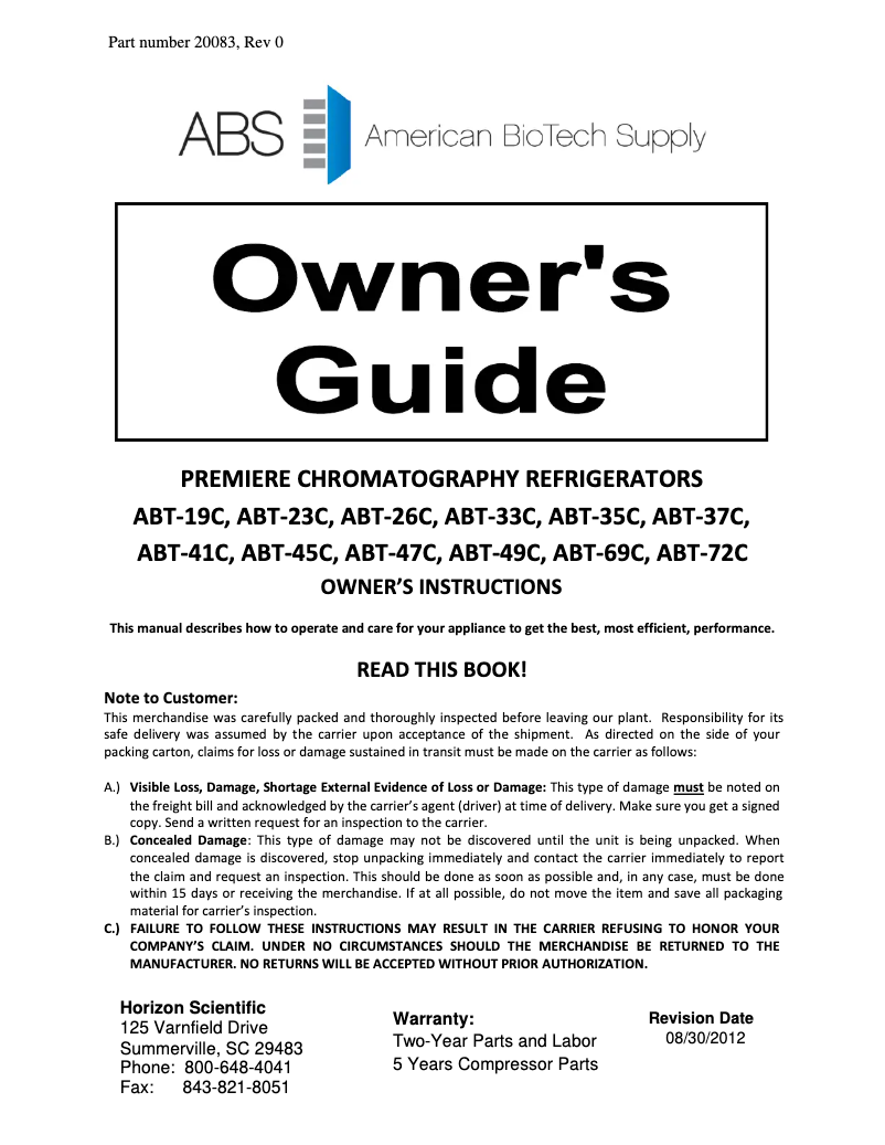Page 1 de la notice Manuel d'utilisation et d'entretien American BioTech Supply ABT-HC-72C