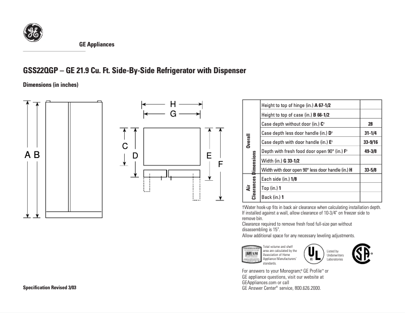 Página 1 del manual Ficha técnica GE GSS22QGPBB