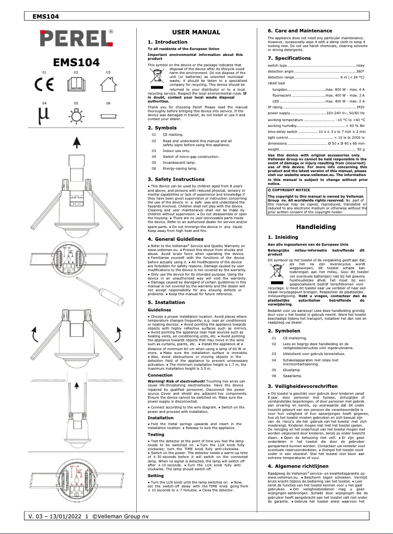 Page 1 of the manual User Manual Perel EMS104