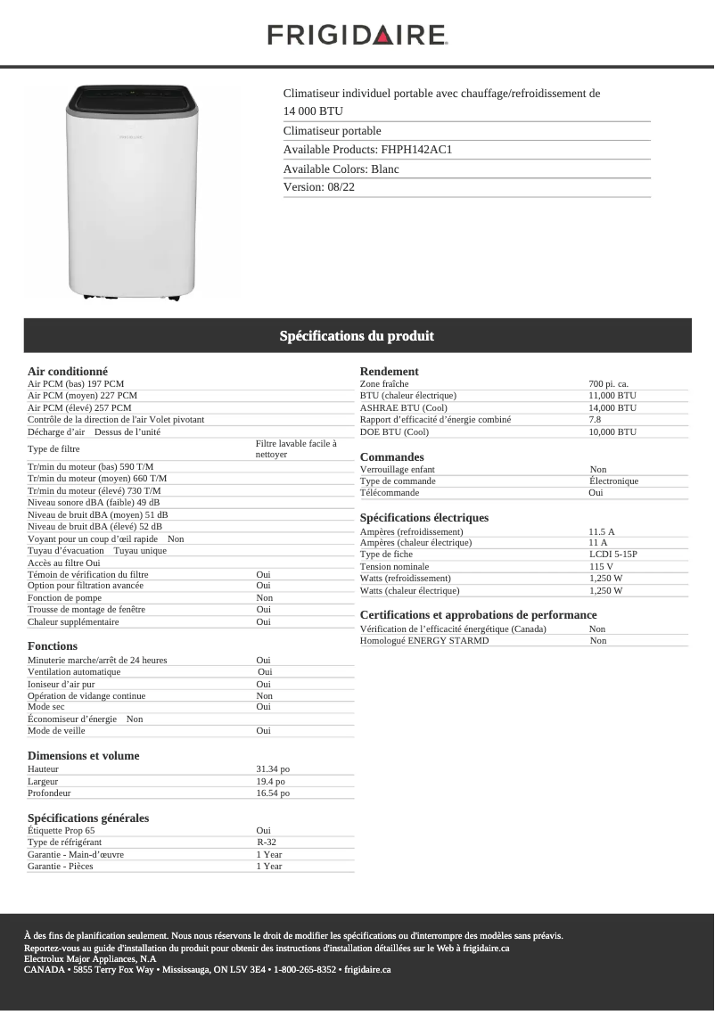 Page 1 de la notice Fiche technique Frigidaire FHPH142AC1