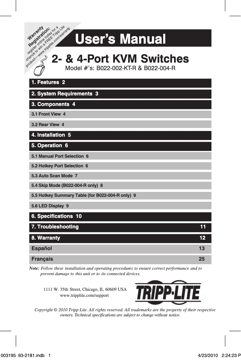 Page n°1 - Manuel utilisateur Tripp Lite B022-004-R