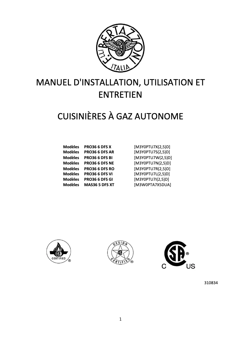 Page 1 de la notice Manuel utilisateur Bertazzoni PRO36 6 DFS VI