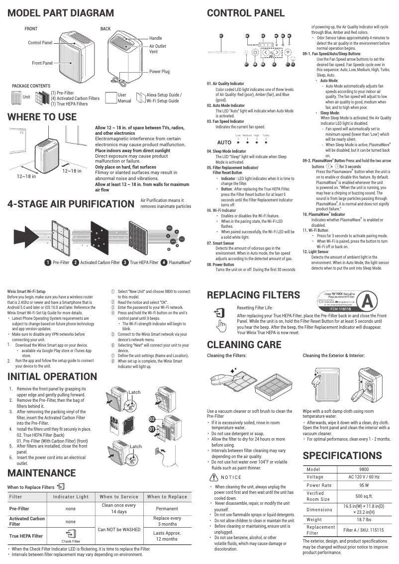 Page 1 de la notice Manuel utilisateur Winix 9800