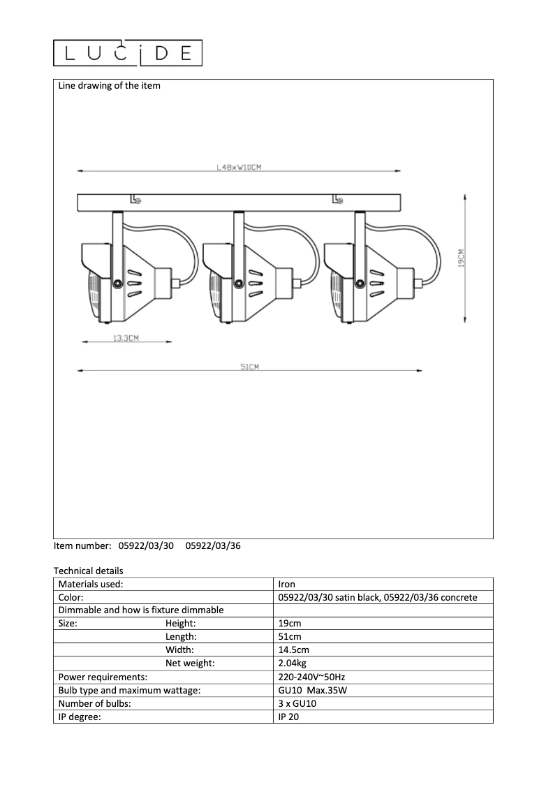 Page 1 de la notice Manuel utilisateur Lucide Cicleta 05922/03/36