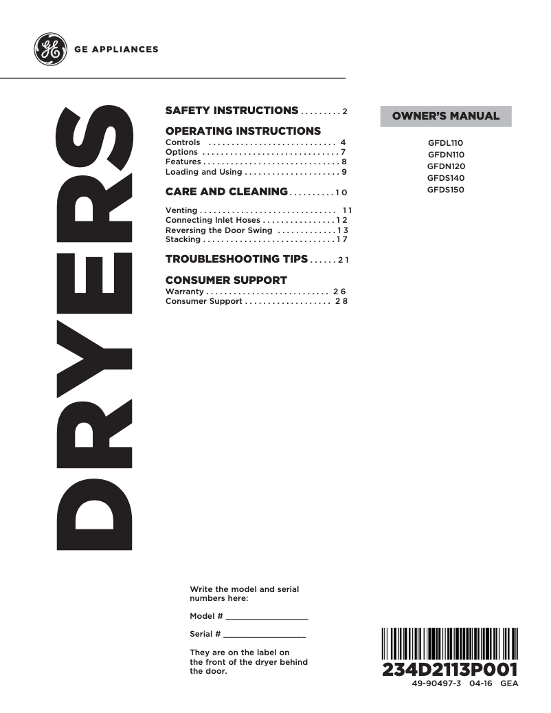 Page 1 of the manual Use and Maintenance Manual GE GFDS140EDWW