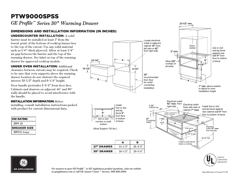 Page 1 of the manual Technical Sheet GE Profile PTW9000SPSS
