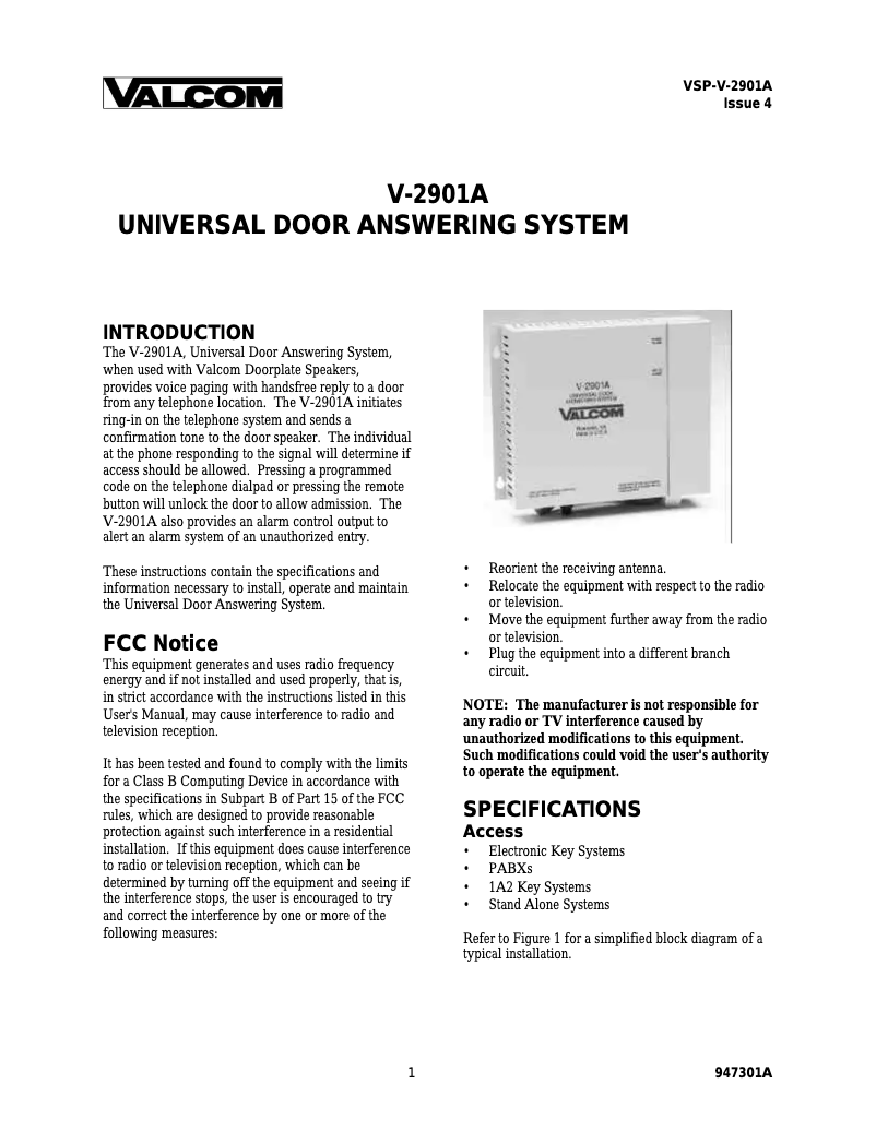 Page 1 de la notice Manuel utilisateur Valcom V-2901A