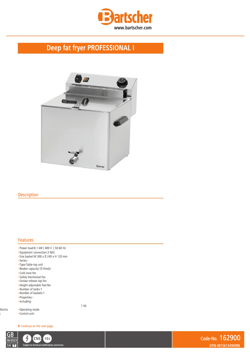 Page 1 de la notice Fiche technique Bartscher Professional I 162900