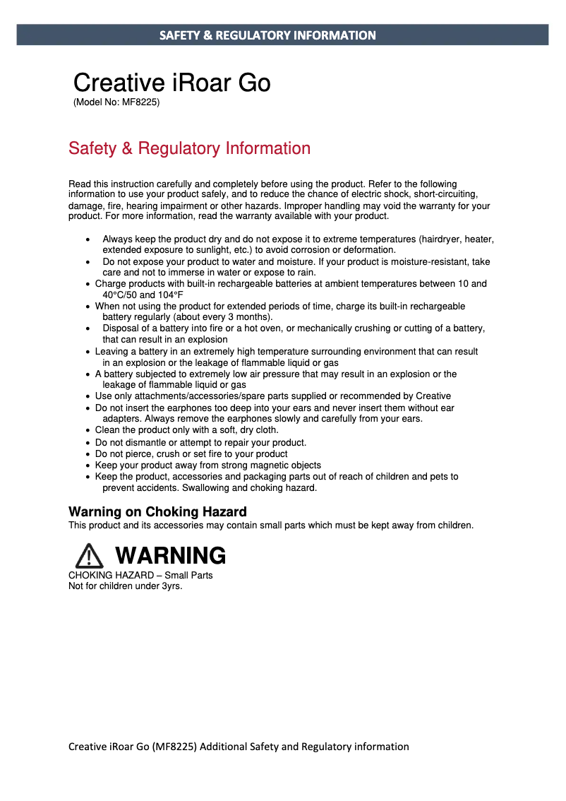 Page n°1 - Instructions de sécurité Creative iRoar Go