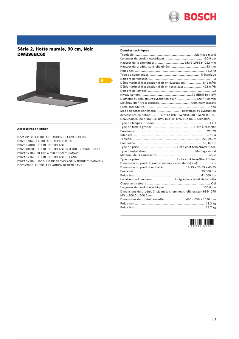 Page 1 de la notice Fiche technique Bosch DWB96BC60