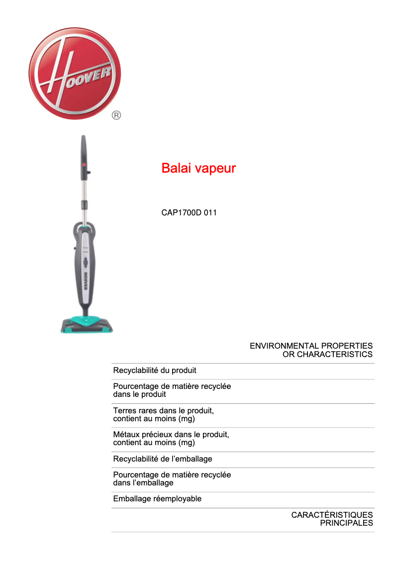 Page 1 de la notice Fiche technique Hoover Steam Capsule CAP1700D 011