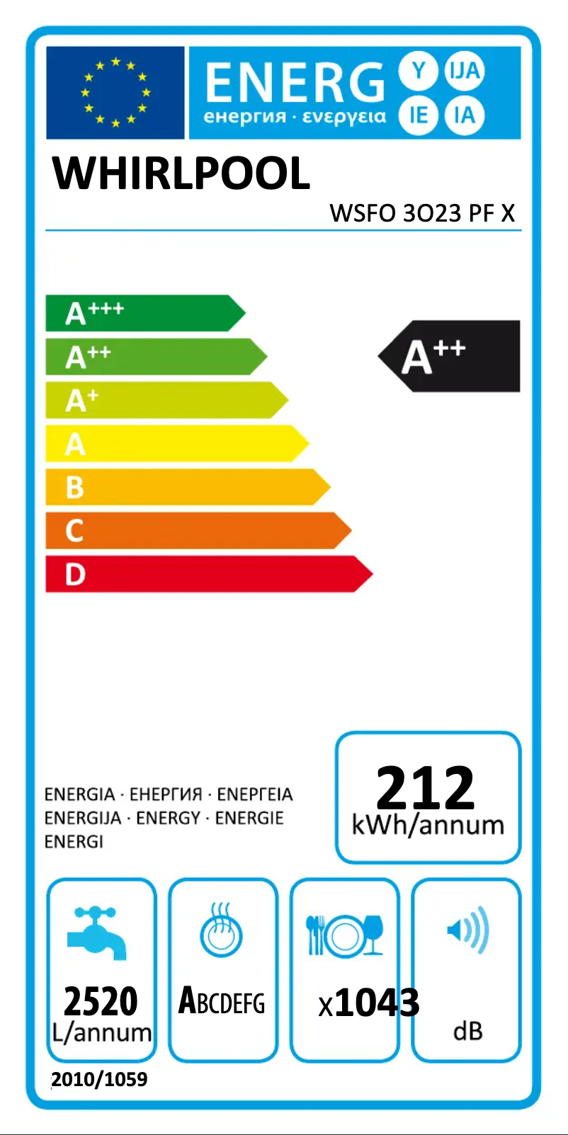 Page 1 de la notice Label énergétique Whirlpool WSFO 3O23 PF X