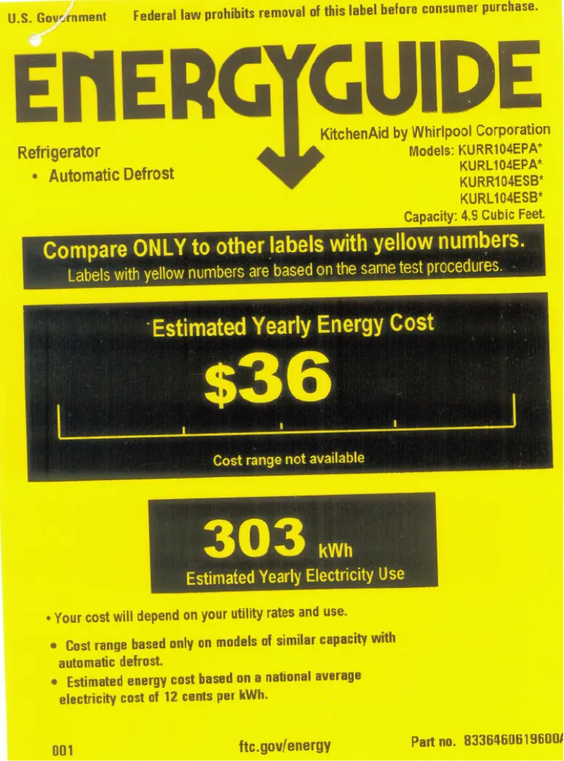 Page 1 de la notice Label énergétique KitchenAid KURR104ESB