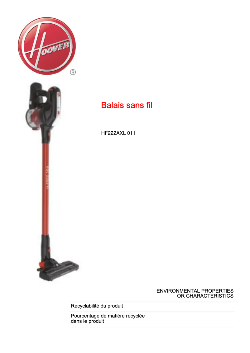 Page n°1 - Fiche technique Hoover H-FREE 200 HF222AXL 011