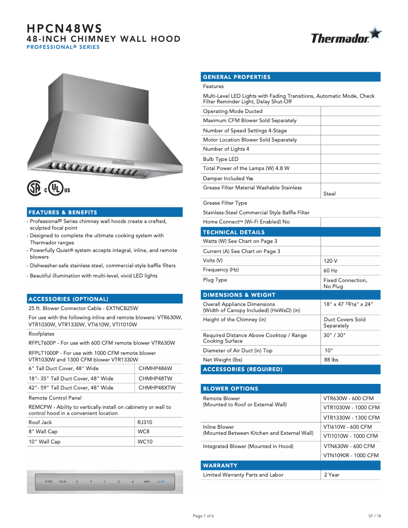Page n°1 - Fiche technique Thermador HPCN48WS