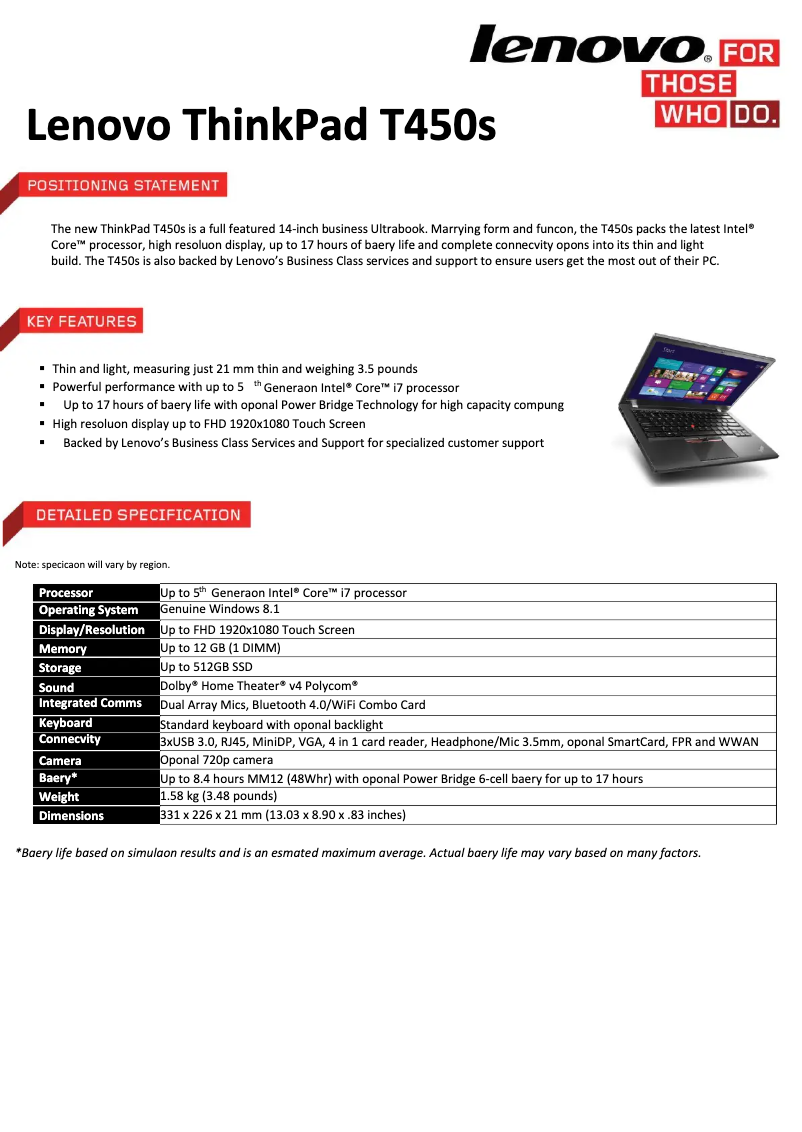 Image de la première page du manuel de l'appareil ThinkPad T450s