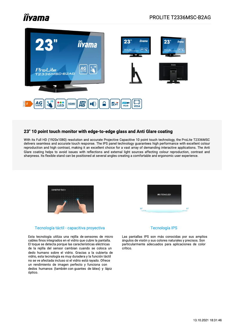 Page 1 de la notice Fiche technique Iiyama ProLite T2336MSC