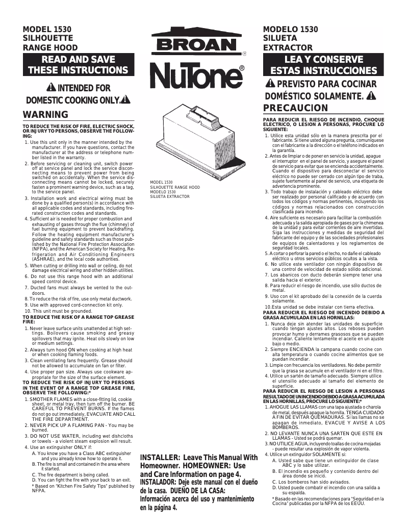 Page n°1 - Guide d'installation Broan Silhouette 153004
