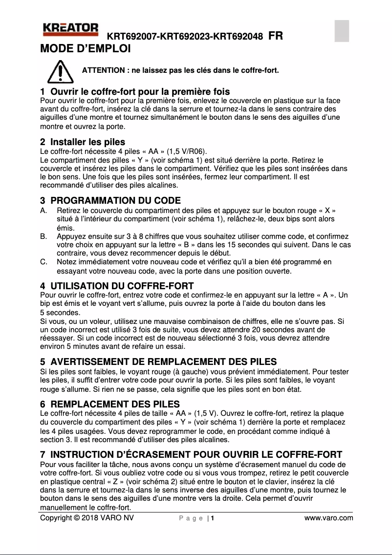 Page 1 de la notice Manuel utilisateur Kreator KRT692007