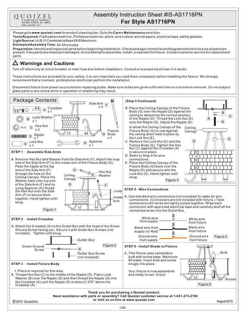 Page 1 de la notice Manuel utilisateur Quoizel Aristocrat AS1716PN