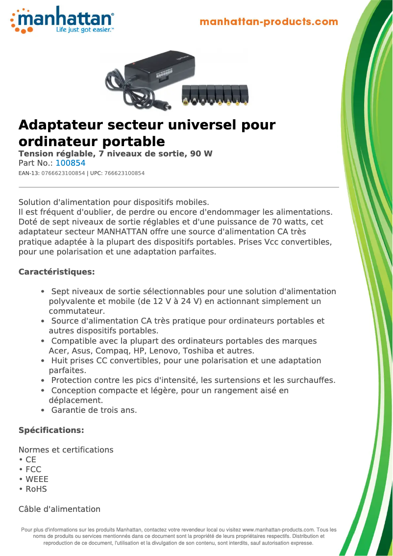 Page 1 de la notice Fiche technique Manhattan 100854