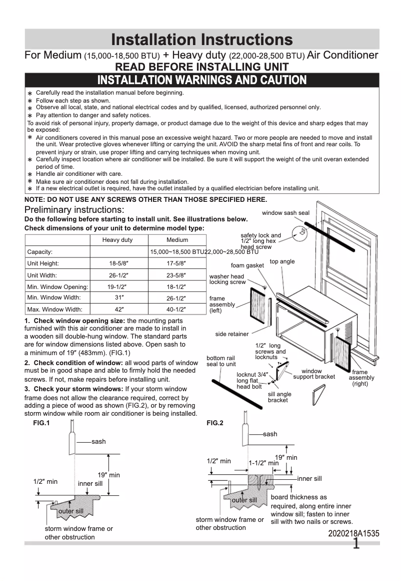 Page 1 de la notice Guide d'installation Frigidaire FHWE182WA2