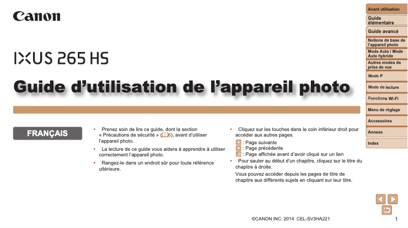 Image de la première page du manuel de l'appareil IXUS 265 HS