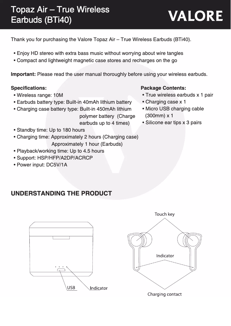 Page 1 de la notice Manuel utilisateur Valore BTi40