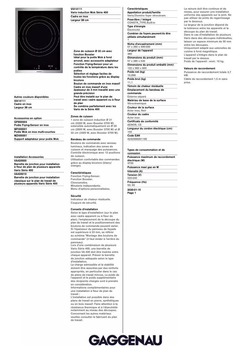 Page n°1 - Fiche technique Gaggenau VI414111