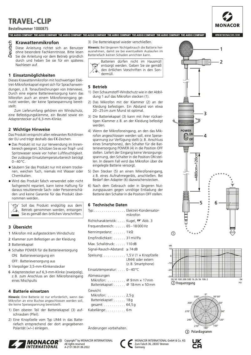 Page 1 de la notice Manuel utilisateur Monacor TRAVEL-CLIP