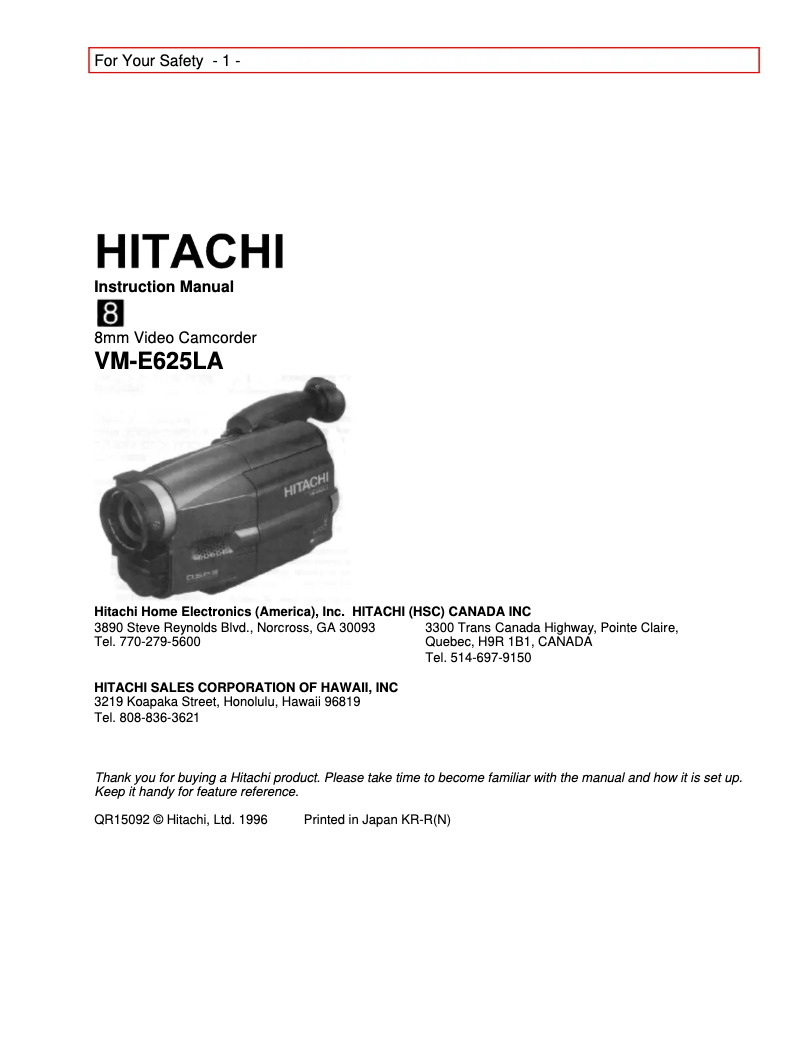 Page n°1 - Manuel utilisateur Hitachi VM-E625LA