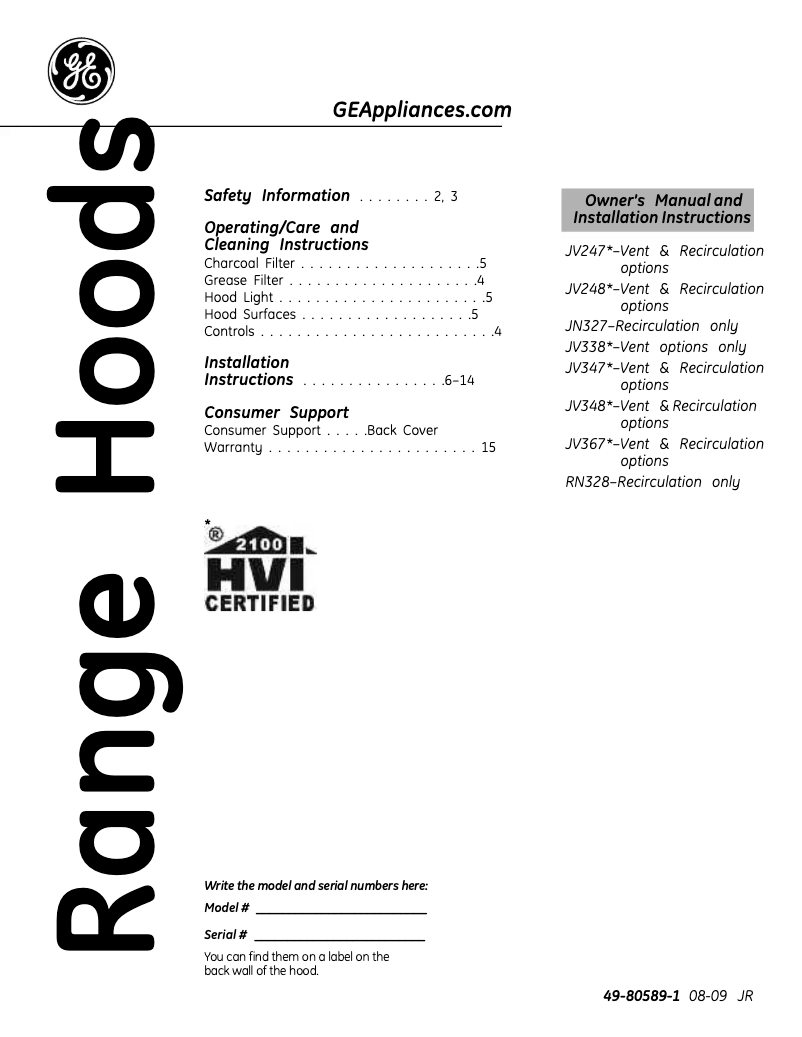 Page 1 de la notice Manuel d'utilisation et d'entretien GE JV347XWW