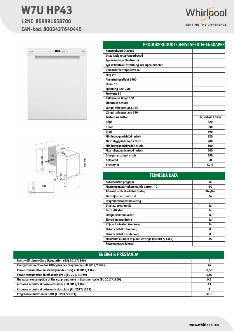 Page 1 de la notice Fiche technique Whirlpool W7U HP43