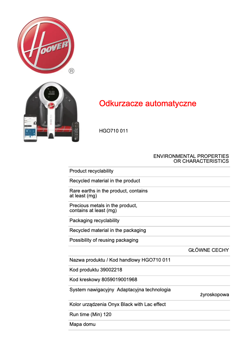 Page n°1 - Fiche technique Hoover H-GO 700