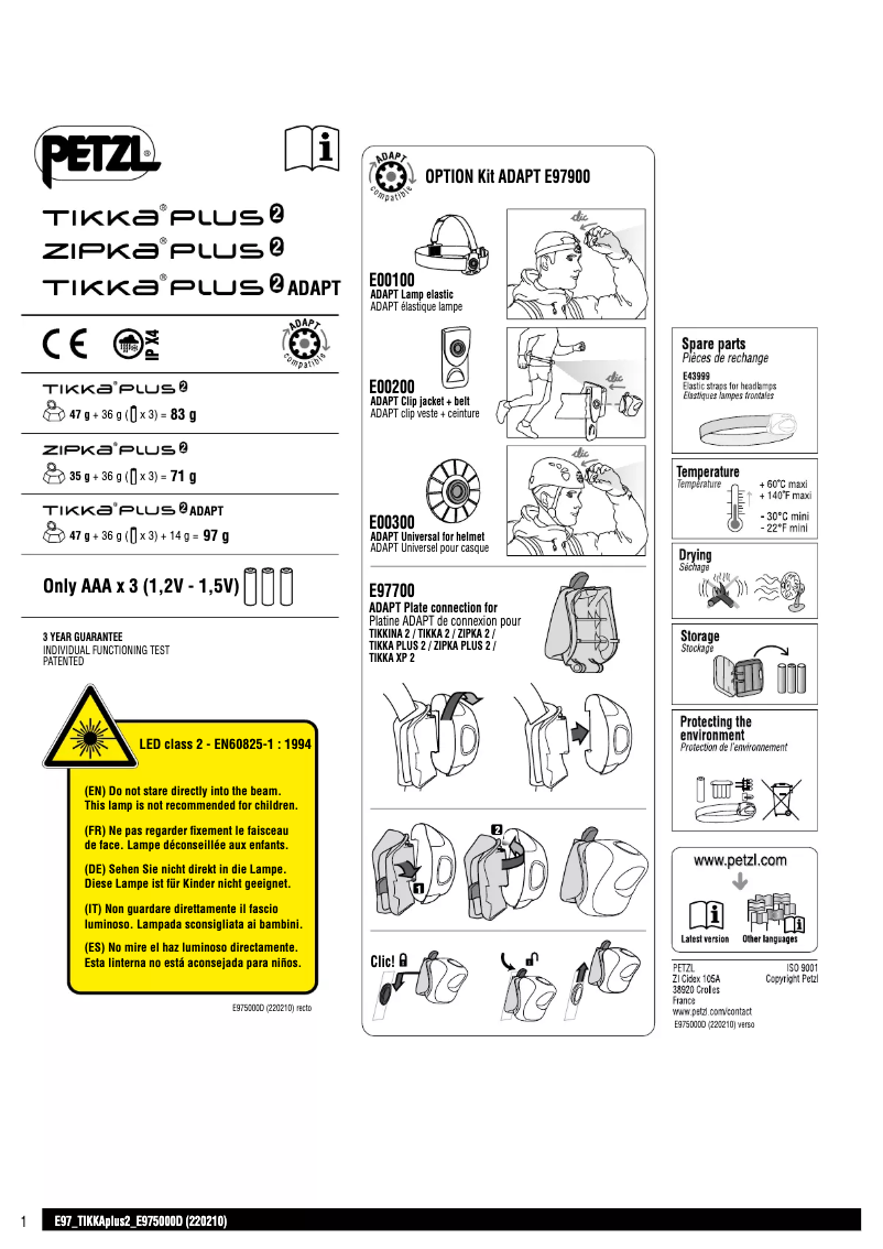 Page 1 de la notice Manuel utilisateur Petzl ZIPKA PLUS²