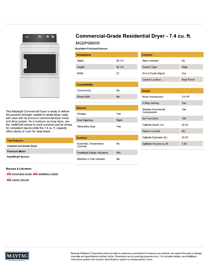 Page n°1 - Fiche technique Maytag MGDP586KW