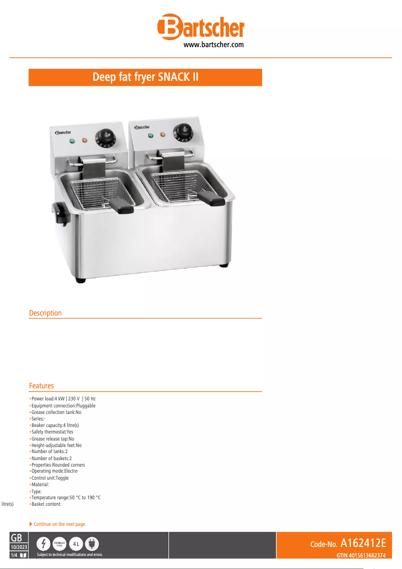 Page 1 de la notice Fiche technique Bartscher Snack II A162412E