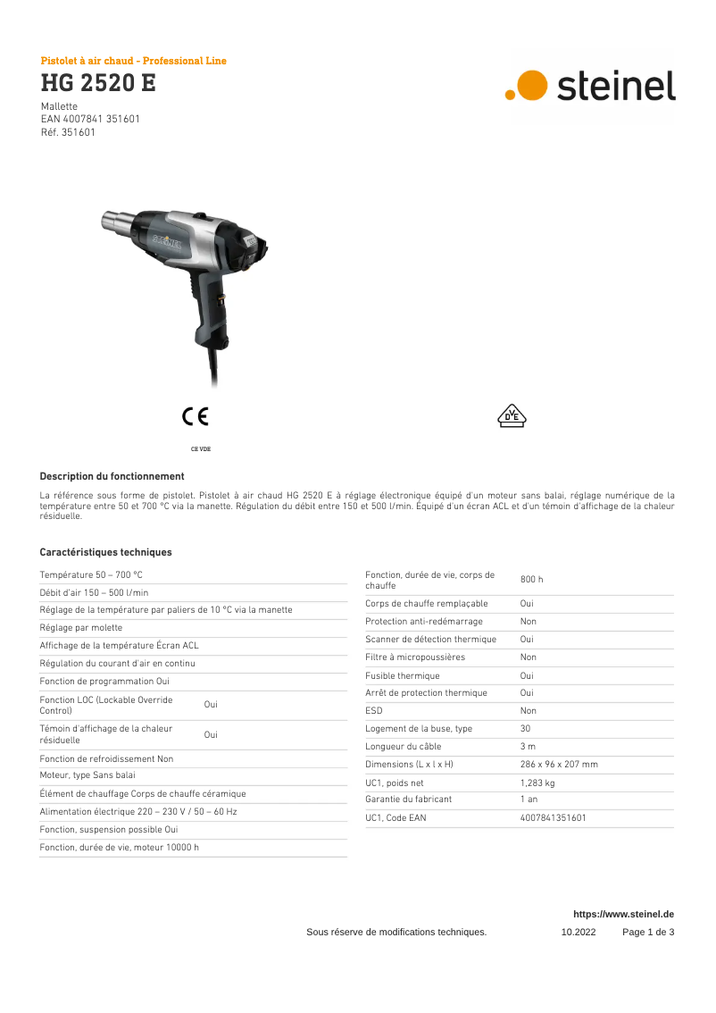 Page 1 de la notice Fiche technique Steinel HG 2520 E